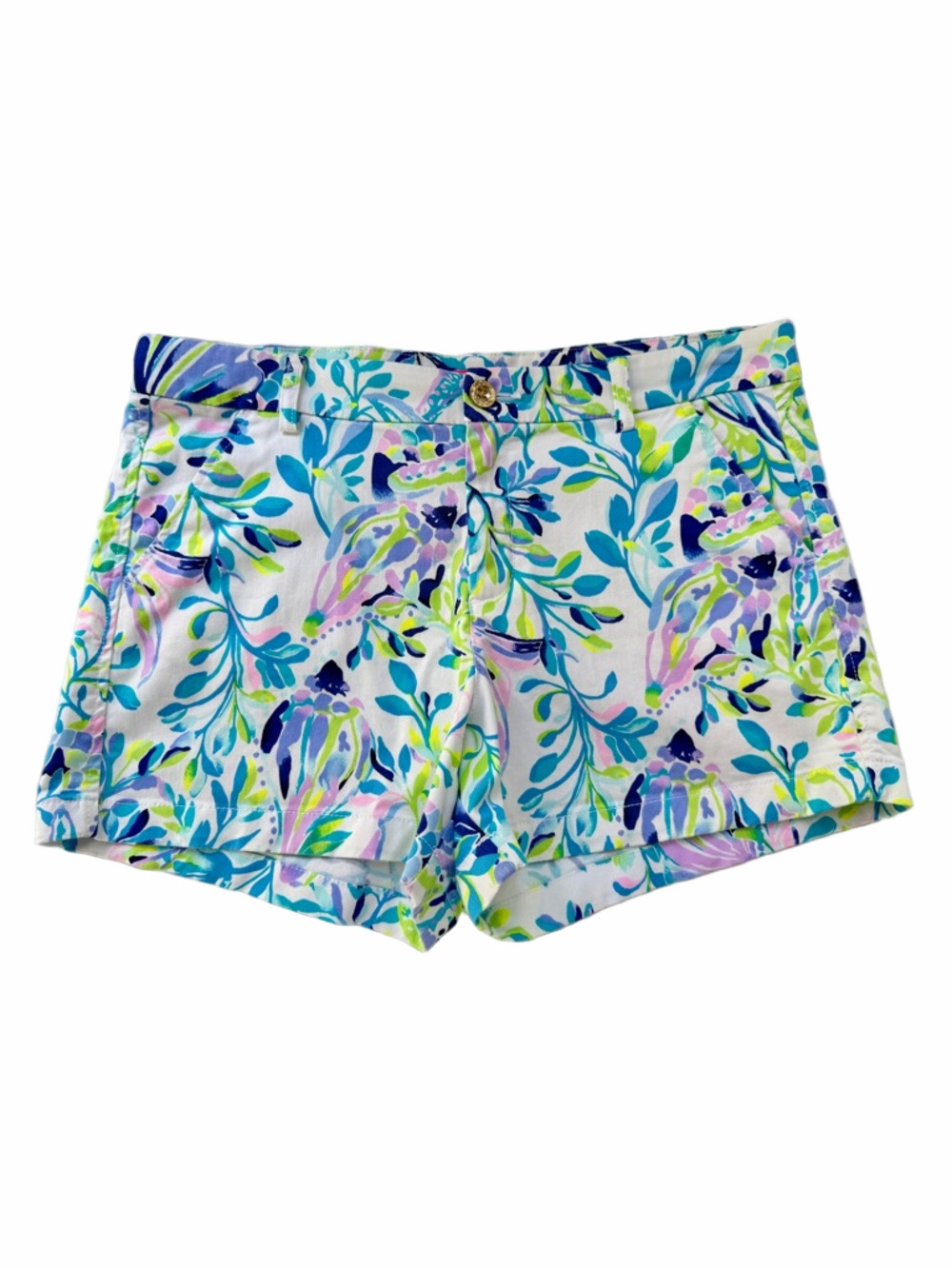 Lilly Pulitzer Callahan Stretch Shorts Shell Beach Sz 14 Floral White Aqua Lilac